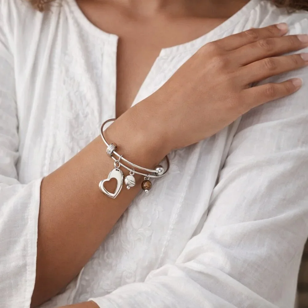 18K Gold Plated Boho Chic Bangle with Heart Tiger's Eye & Magnesite Charms ✨